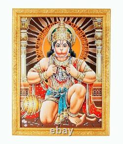 Hanuman-ji Silver Zari Art Work Photo In Golden Frame Big (14 X 18 Inches)