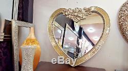 Heart Crackle Wall Mirror Ornate Frame French Engraved Rose Glass Champagne