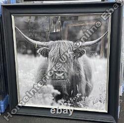 Highland cow in the fields wall art liquid art, black & gold cove frame picture