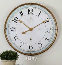 Huge 32 Antiqued Gold Metal Frame Round Wall Clock With Ivory And Blue Accents