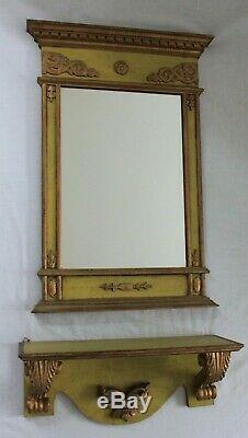 ITALIAN Vintage Antique Neoclassical Wood Framed Wall Mirror /Shelf Green/ Gold
