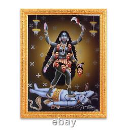 Kali Maa Silver Zari Art Work Photo In Golden Frame Big (14 X 18 Inches)
