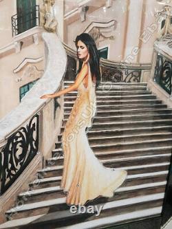 Lady standing on stairs with liquid art, crystals & mirror/gold frame pictures