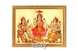 Lakshmi Saraswati Ganesh Golden Foil Photo In Golden Frame Big (14 X 18 Inch)