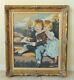 Large 31 Children Boy Girl Needlepoint Gold Gilt Wood Gesso Wall Picture Frame