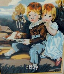Large 31 Children Boy Girl Needlepoint Gold Gilt Wood Gesso Wall Picture Frame