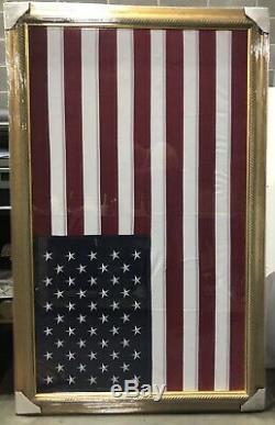 Large American Flag Wall Decor Picture Gold Wood Frame Under Glass (3ftx5ft)