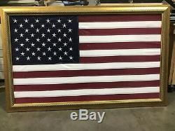 Large American Flag Wall Decor Picture Gold Wood Frame Under Glass (3ftx5ft)
