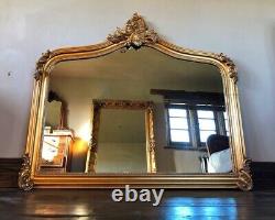 Large Antique Gold Gilt French Swept Ornate Period Over Mantle Arch Wall Mirror