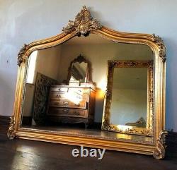 Large Antique Gold Gilt French Swept Ornate Period Over Mantle Arch Wall Mirror