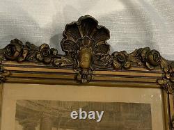Large Antique Victorian French Gold Wall Trumeau Mirror Hand tinted Etching