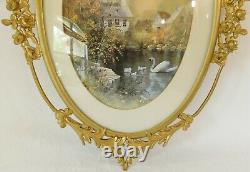 Large Antique/Vtg 25 Oval Gold Metal ROSES & CONVEX Glass Picture Wall Frame