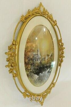 Large Antique/Vtg 25 Oval Gold Metal ROSES & CONVEX Glass Picture Wall Frame
