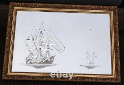 Large NAUTICAL WALL MIRROR w Engraved 3 MAST SAILING SHIP & GOLDEN Wooden Frame