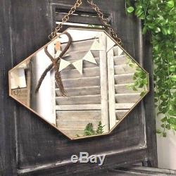 Large Octagonal Mirror Vintage Brass Metal Frame Wall Hanging Metal Chain Loop