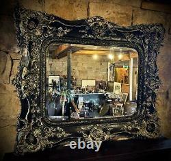 Large Ornate Black and Gold Framed Mirror with Bevelled Glass
