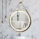 Large Round Bathroom Mirror LED Lighted Wall Mirror Leather Strap with Demister