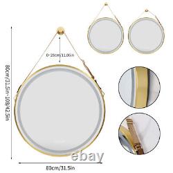 Large Round Bathroom Mirror LED Lighted Wall Mirror Leather Strap with Demister