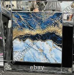 Left-Blue & gold abstract wall art with liquid art & mirror frame décor picture