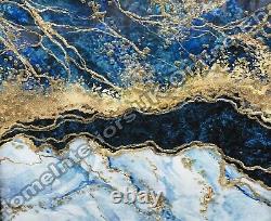 Left-Blue & gold abstract wall art with liquid art & mirror frame décor picture