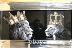 Lion Family Picture Liquid Art King Queen Crown Mirror Frame Lion Lioness 85x45