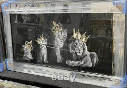 Lion Family With Boy & Girl Cub, Gold Crowns, Liquid Art & Mirror Frame Picture