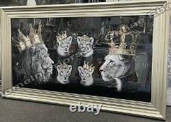 Lion king lioness queen 4 cubs gold crowns liquid art & champagne frame pictures