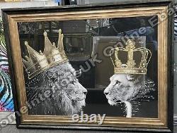 Lion king & lioness queen with liquid art, 2 tone gold & black frame picture