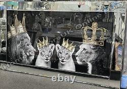 Lion king, queen & 2 prince cubs, gold crowns liquid art & mirror frame pictures