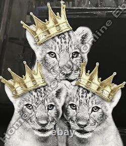 Lion king, queen, 3 prince cubs with gold crowns liquid art & mirror décor picture