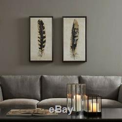 Luxury 2pc Yellow & Gold Gilded Feathers Framed Canvas Wall Art 16x31 Each