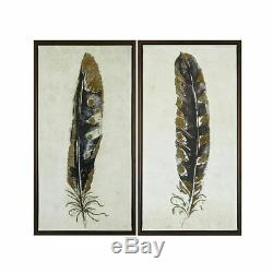 Luxury 2pc Yellow & Gold Gilded Feathers Framed Canvas Wall Art 16x31 Each