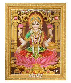 Maa Lakshmi Golden Zari Art Work Photo In Golden Frame Big (14 X 18 Inches)