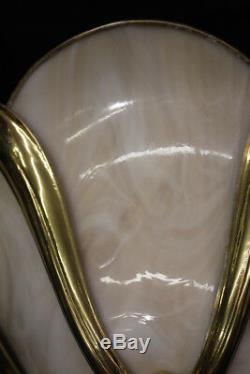 Matching Pair of Vintage Rose Glass with Gold Frame 3 Petal Wall Sconces (a)