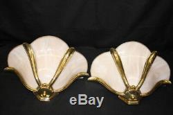 Matching Pair of Vintage Rose Glass with Gold Frame 3 Petal Wall Sconces (b)