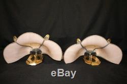 Matching Pair of Vintage Rose Glass with Gold Frame 3 Petal Wall Sconces (b)