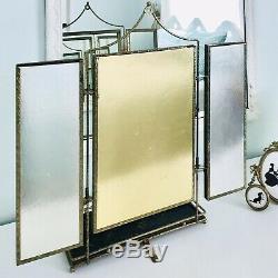 Mid Century Triple Vanity Shaving Mirror Table Wall Gold Metal Hollywood Regency