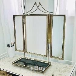 Mid Century Triple Vanity Shaving Mirror Table Wall Gold Metal Hollywood Regency