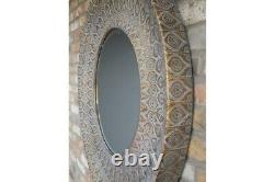 Moroccan Round Wall Mirror Ornate Gold and Grey Metal Large Circle Frame 93cm