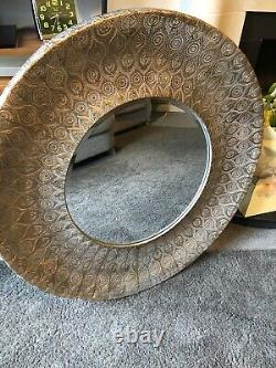 Moroccan Round Wall Mirror Ornate Gold and Grey Metal Large Circle Frame 93cm