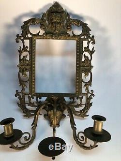 OLD Gothic Satyr Hanging Wall Mirror Frame Candle Holder Golden Colored Metal