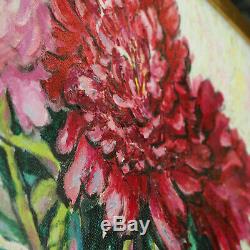 Oil Painting Flowers Pink Peonies Gold Leaf Framed Home Wall Decor Floral