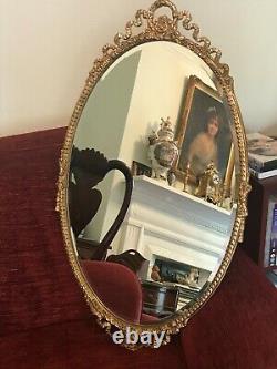 Old Antique Oval Bevelled Wall Mirror Gold Decorated Gesso French Style Frame