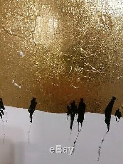 Original golden leaf painting framed canvas, decor, modern wall art contemporary