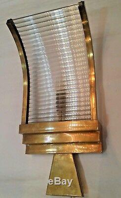 PAIR VINTAGE PETITOT style ART DECO GLASS ROD/ BRASS FRAMED WALL LAMPS/ SCONCES