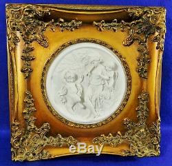 Pair Antique/Vtg White Bisque Porcelain Figural Gold Frame Wall Art Pictures