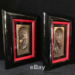 Pair FOX & CRANE WALL PLAQUES Brass and Lacquered Frames Japonism Style Stunning