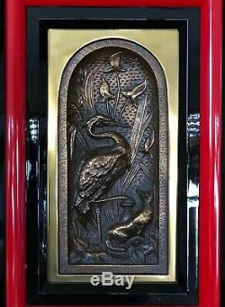 Pair FOX & CRANE WALL PLAQUES Brass and Lacquered Frames Japonism Style Stunning