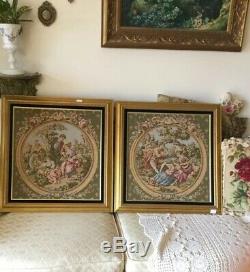 Pair Framed Tapestry Romantic Victorian Scene Rococo Wall Hanging Gold