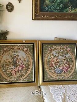 Pair Framed Tapestry Romantic Victorian Scene Rococo Wall Hanging Gold